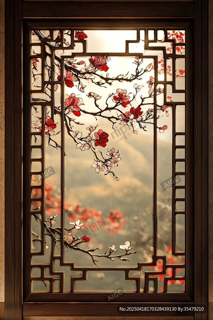 中式窗景下的爛漫紅梅