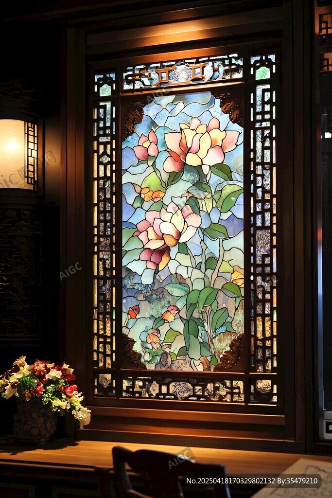 中式古典繁花玻璃雕花窗