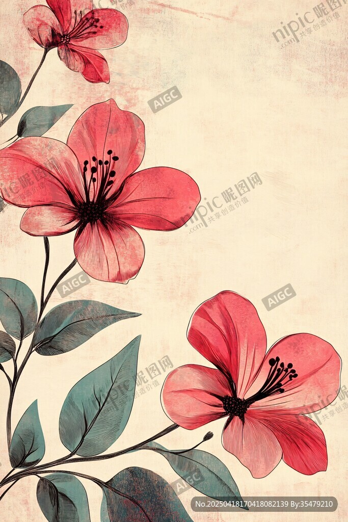 復(fù)古風(fēng)手繪紅色花卉插畫