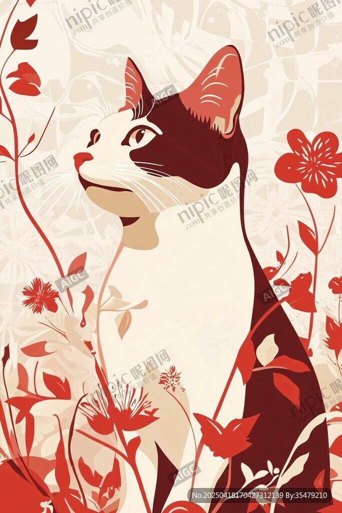 花叢中的貓咪插畫