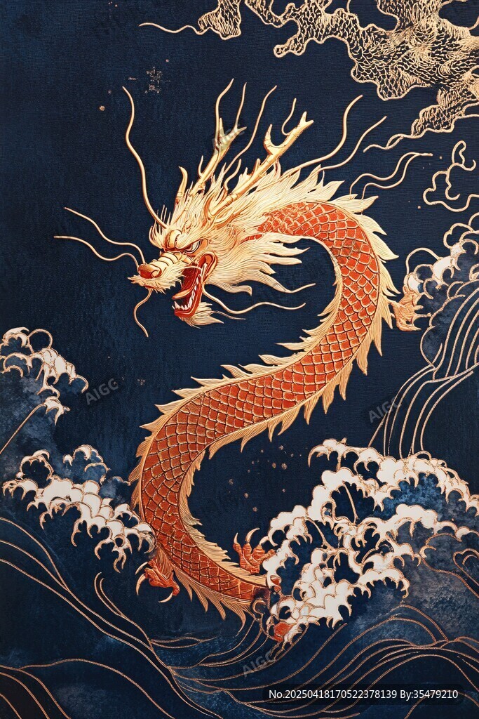 中式祥龍戲浪國風(fēng)插畫