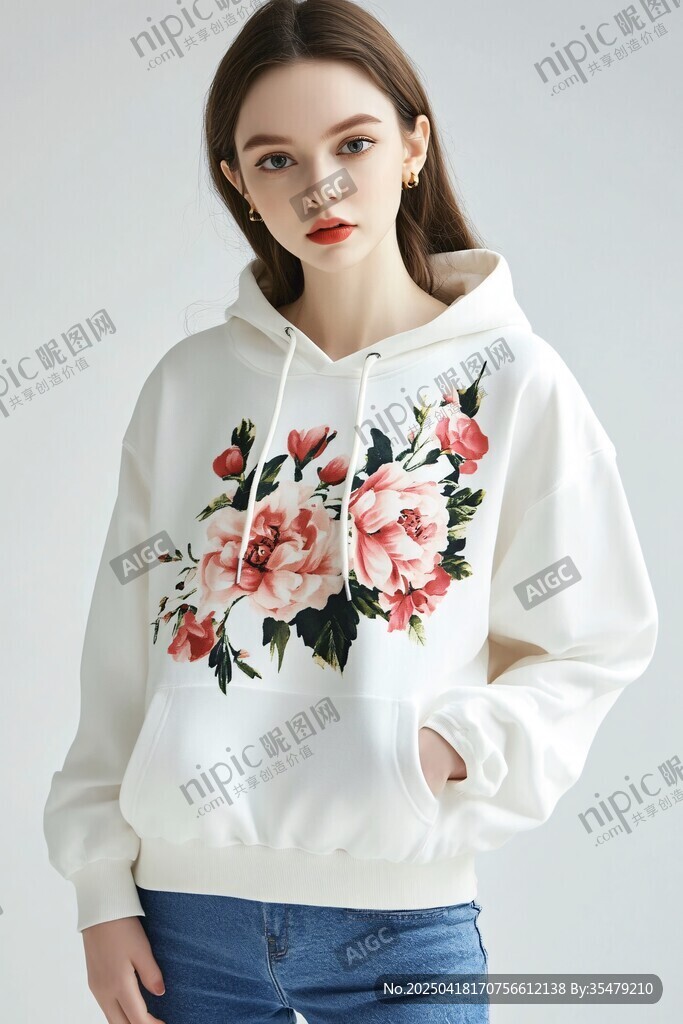 花卉印花白色連帽衛(wèi)衣