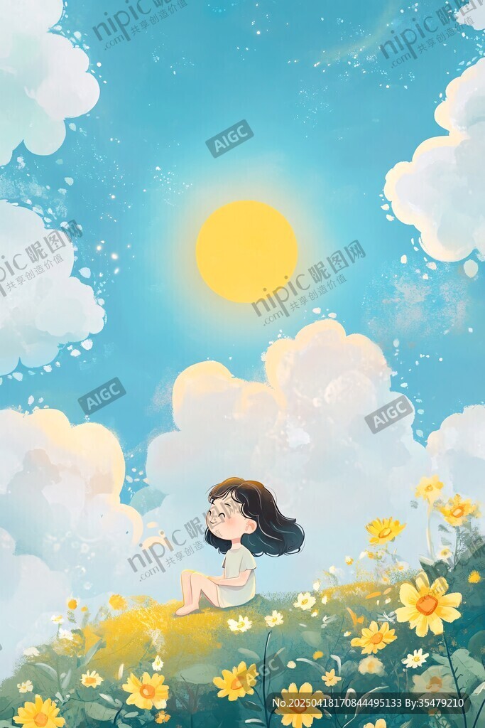 女孩坐于花海仰望暖陽