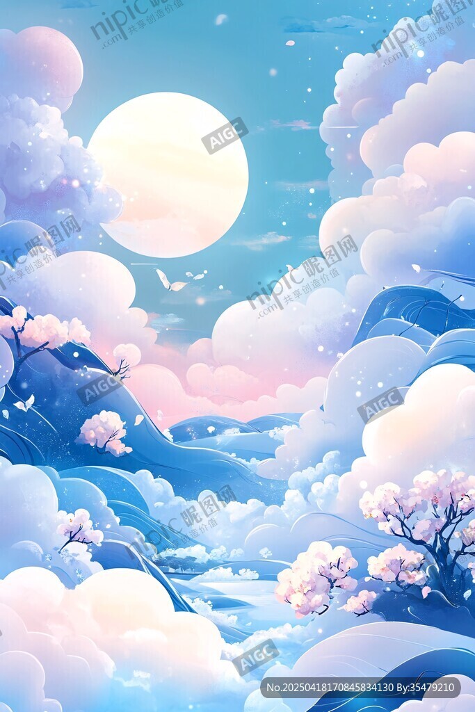 夢幻月夜下的云海山巒
