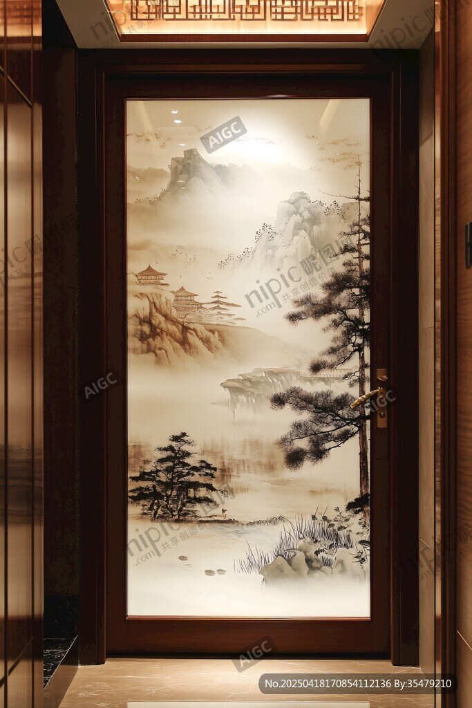 中式玄關(guān)山水藝術(shù)玻璃畫