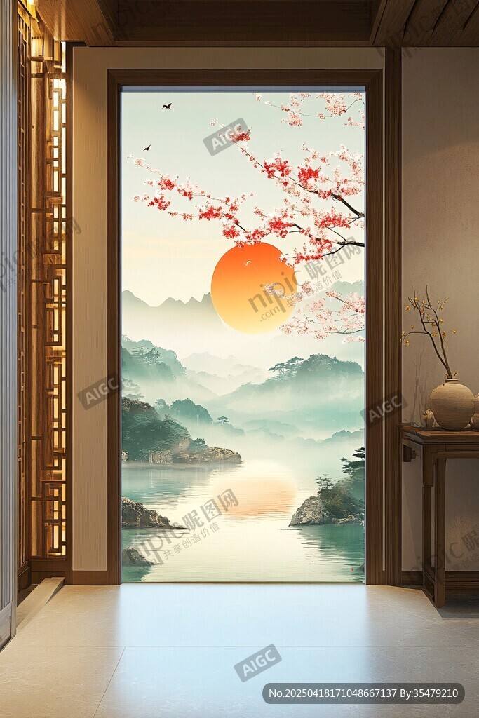 中式玄關(guān)處的山水落日美景