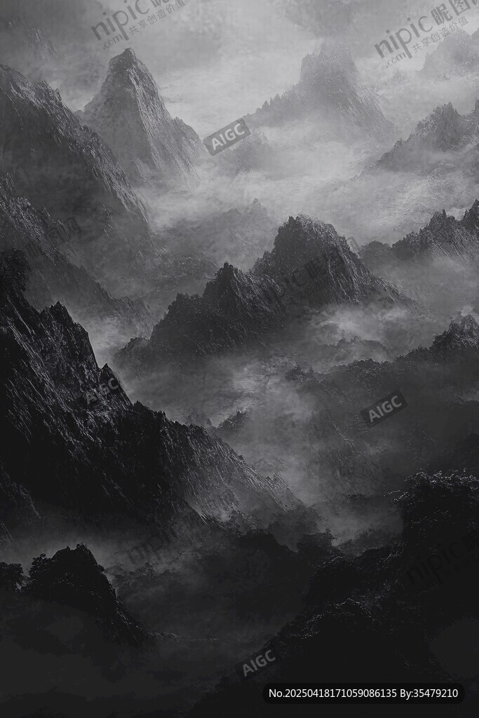 水墨意境群山云海圖