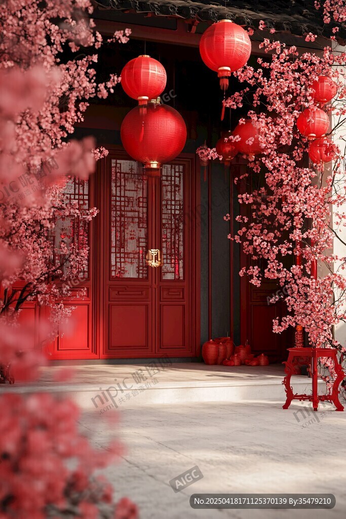 中式庭院的紅燈籠與繁花