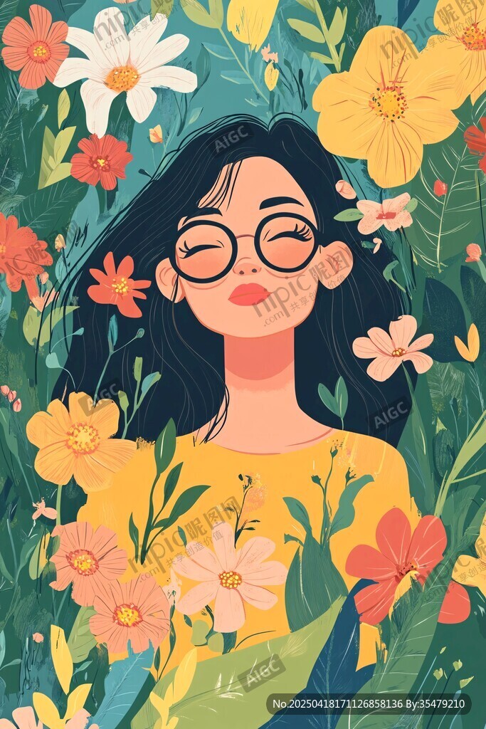 花叢中的微笑女孩