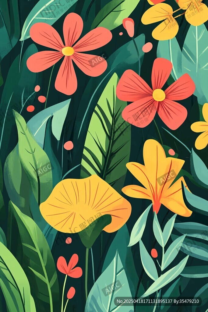 繽紛花卉與綠葉插畫世界