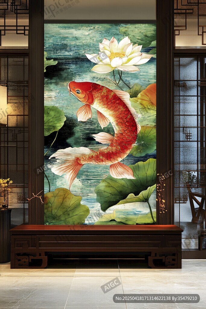 中式玄關(guān)錦鯉荷花裝飾畫