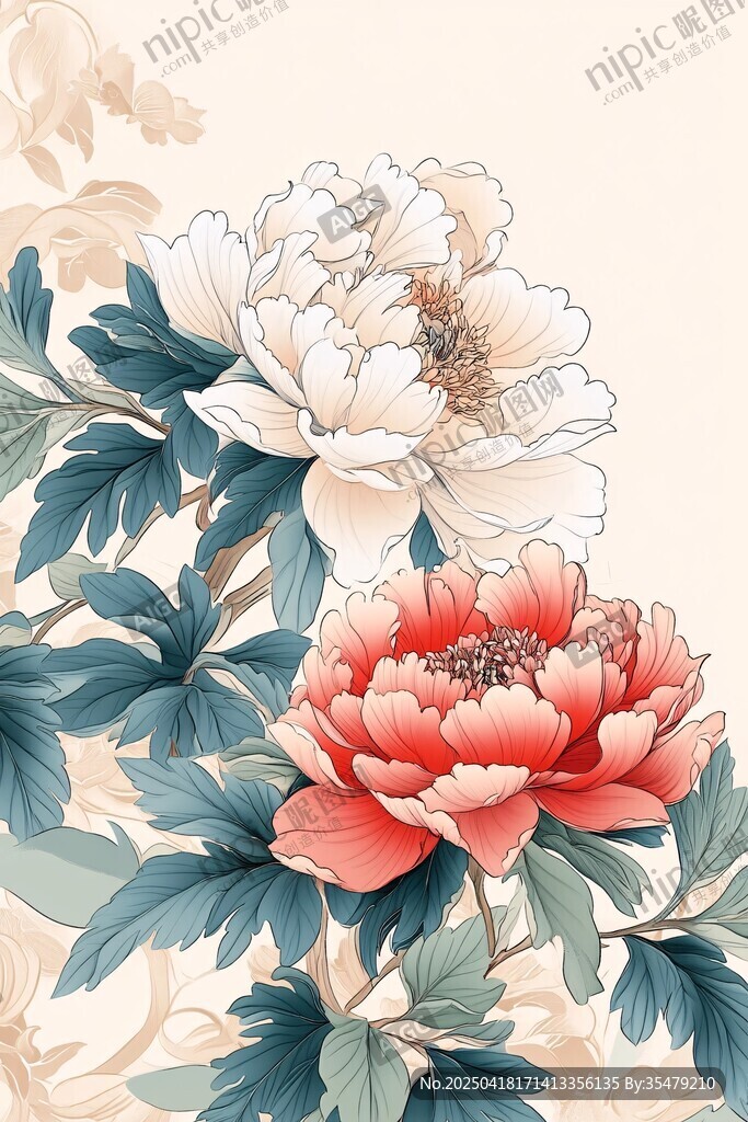 雙朵牡丹綻放古風(fēng)花卉圖