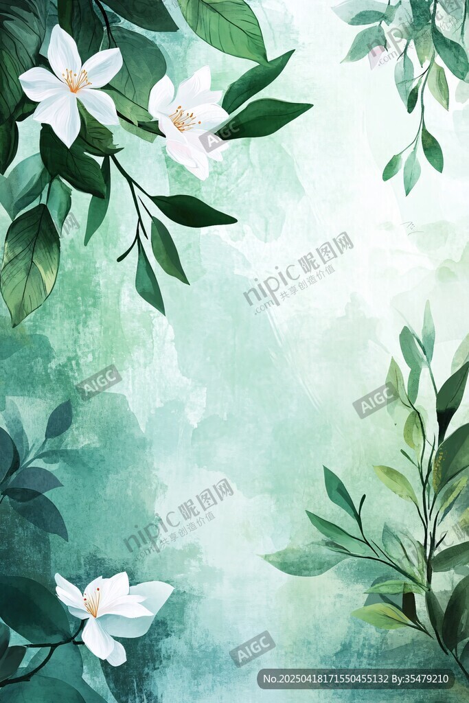清新綠葉間的素雅白花朵