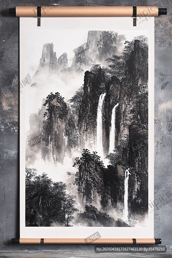 水墨山水卷軸畫意境悠遠