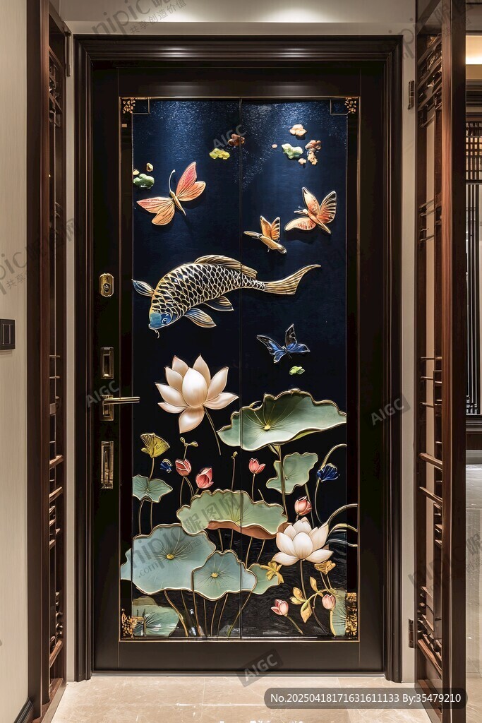 中式彩繪門飾 魚蓮蝶之美