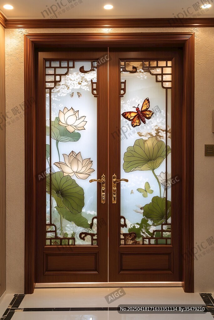 中式雙開門上的荷花蝶景