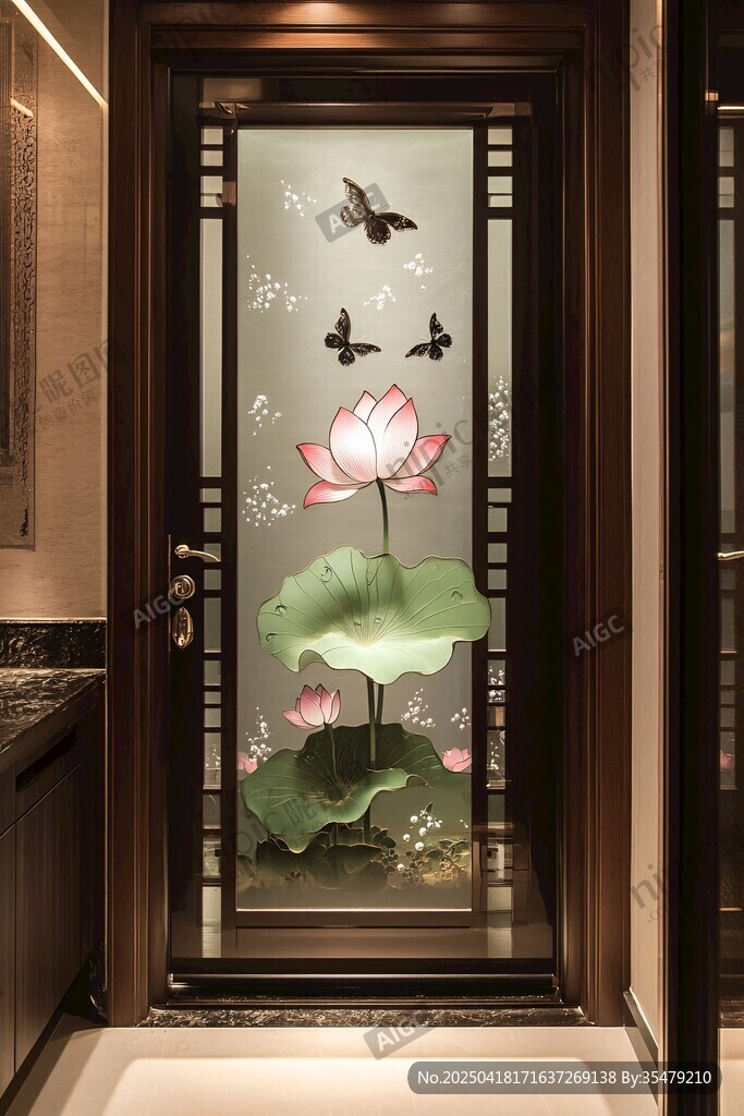 中式荷花蝶紋玻璃裝飾門(mén)