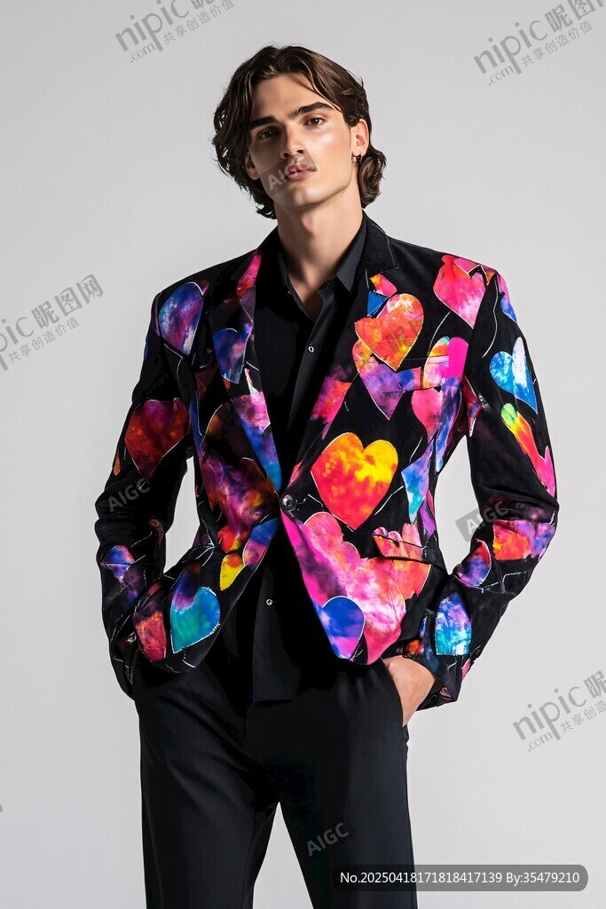 彩色心形印花男士西裝外套