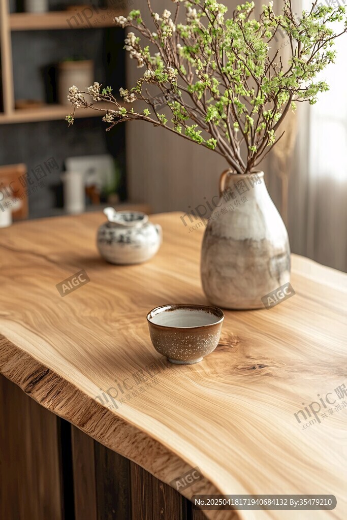 原木茶桌配素雅花瓶擺件