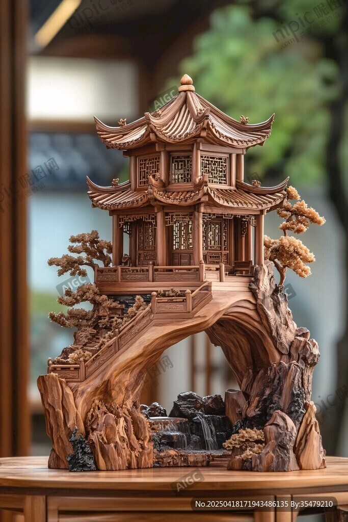 中式木雕閣樓擺件