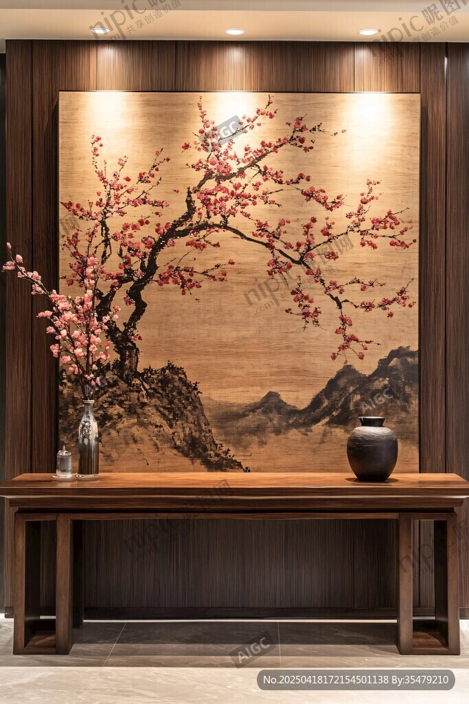 中式玄關(guān) 雅致紅梅山水裝飾
