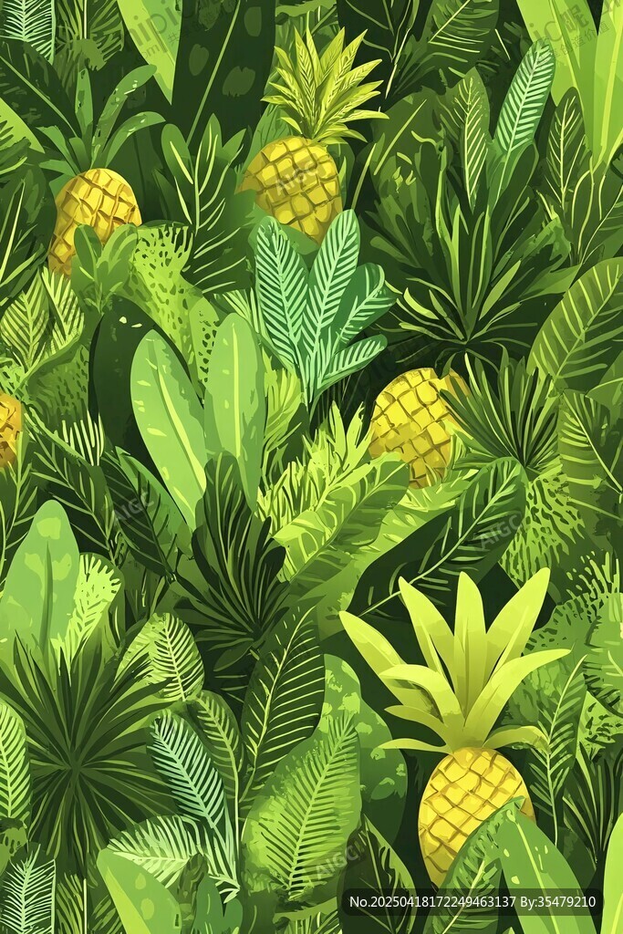 熱帶菠蘿綠植無(wú)縫圖案