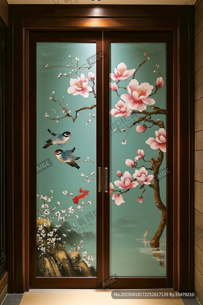 中式花鳥(niǎo)藝術(shù)雙開(kāi)玻璃門(mén)