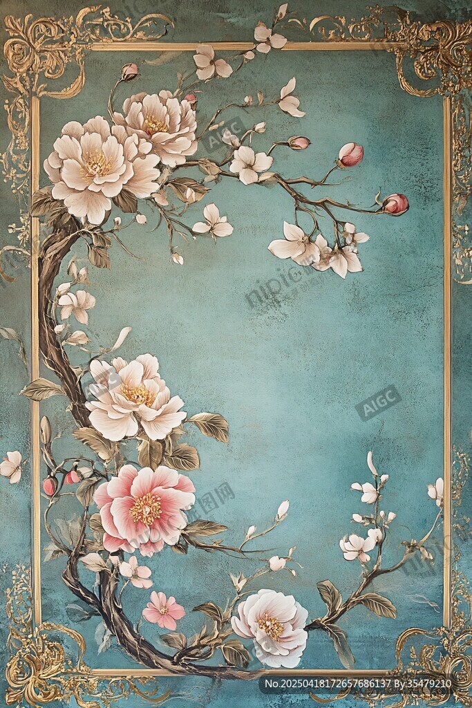 中式花鳥復(fù)古邊框裝飾畫