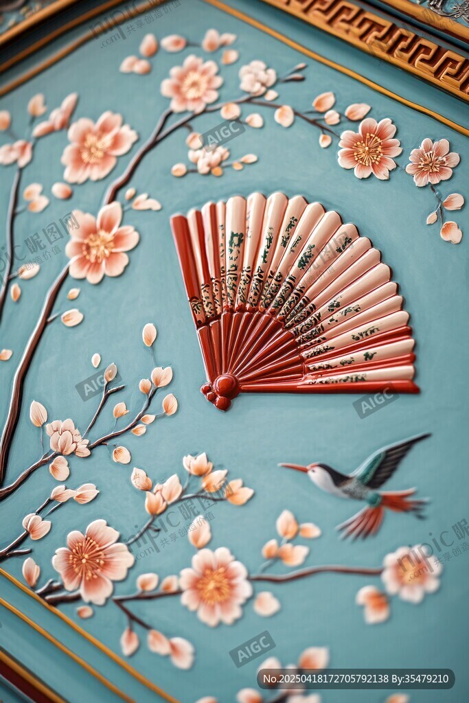 中式瓷盤上的扇鳥花卉圖案