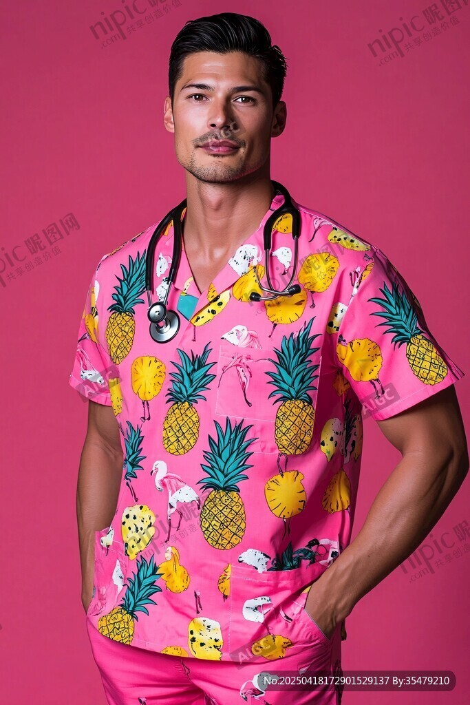 粉色菠蘿印花醫(yī)護(hù)服男士