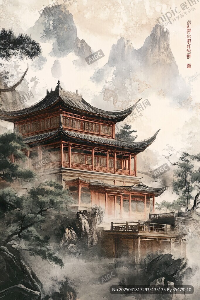 中式古建隱于山水之間