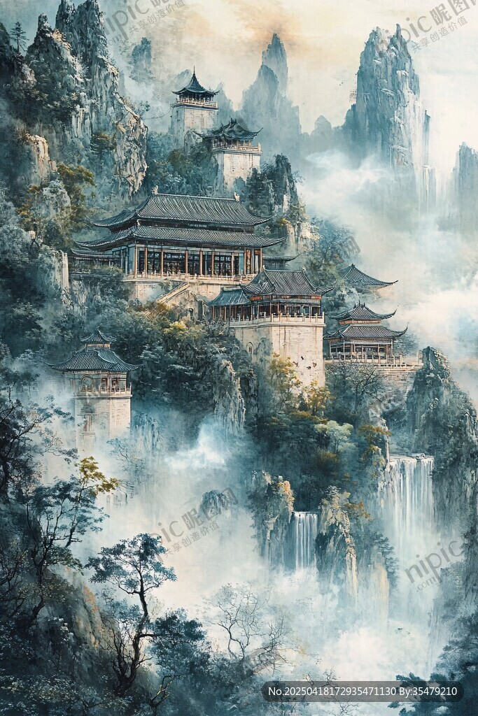 云霧繚繞中的中式仙山樓閣