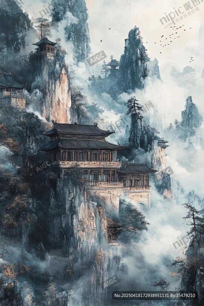 水墨仙山古閣云霧繚繞
