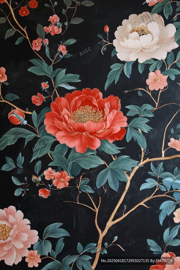 中式黑底花卉精美圖案