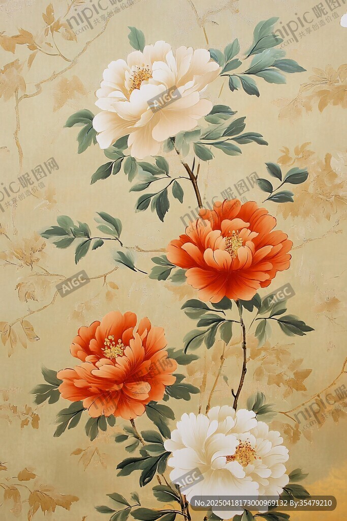 中式牡丹花卉圖案壁紙