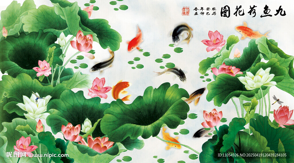 荷花九魚圖
