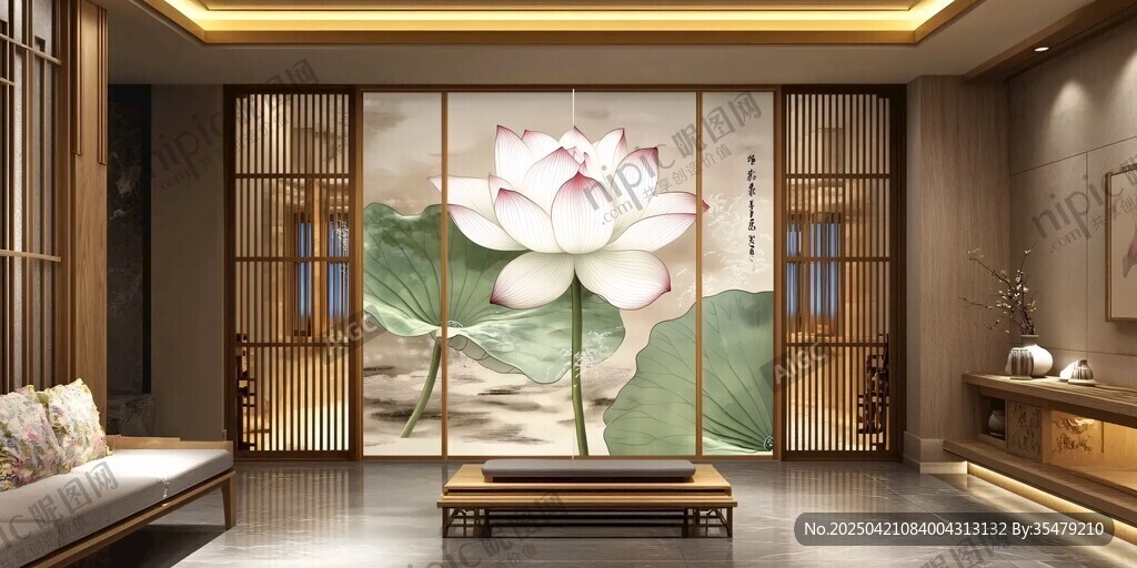中式客廳中的荷花屏風(fēng)之美