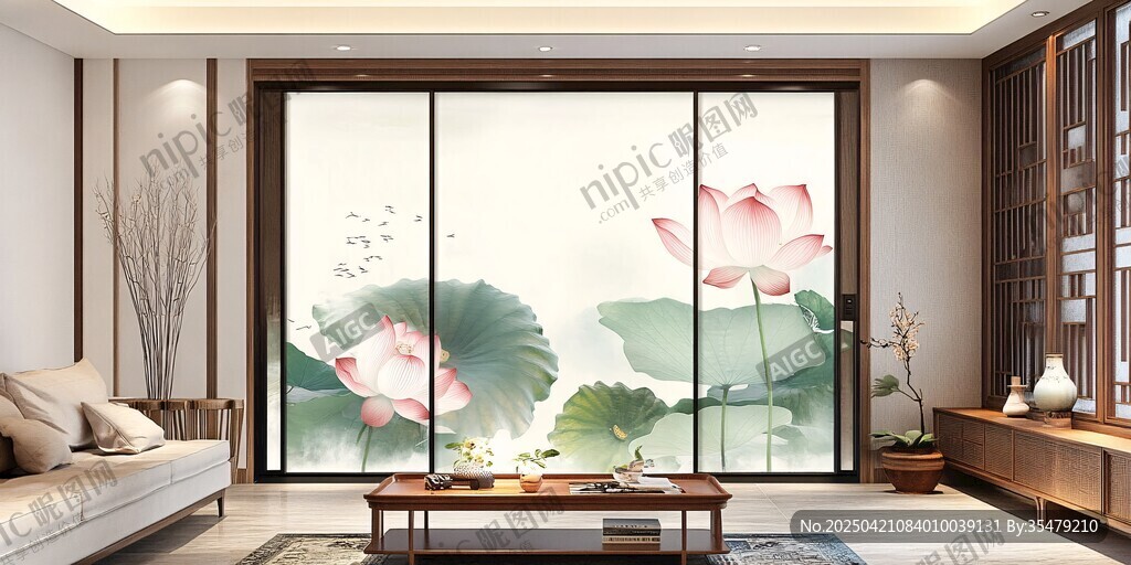 中式客廳之唯美荷花移門