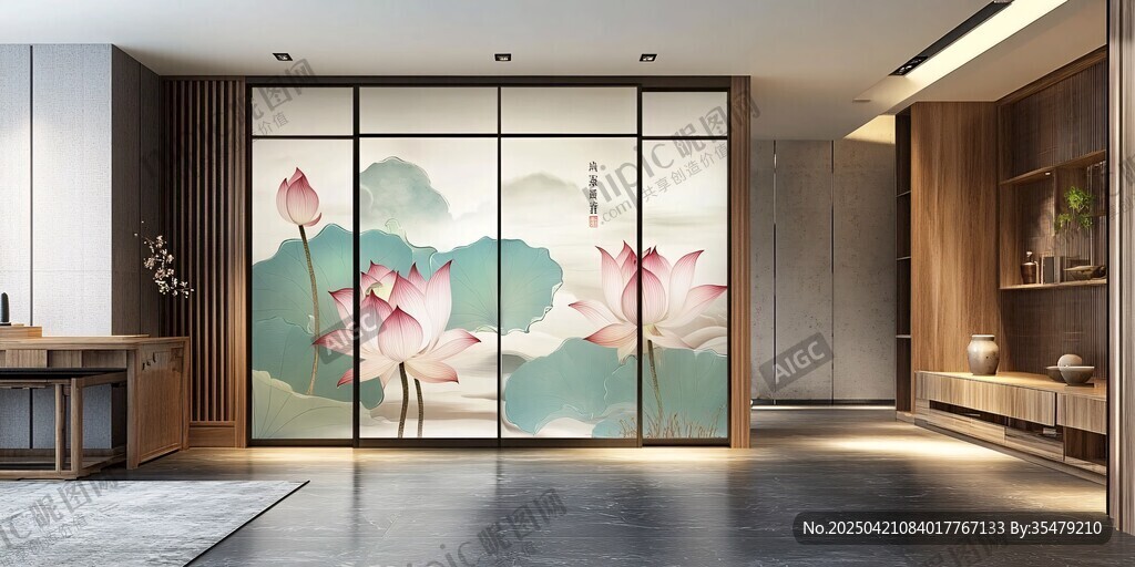 中式客廳的詩意荷花屏風(fēng)