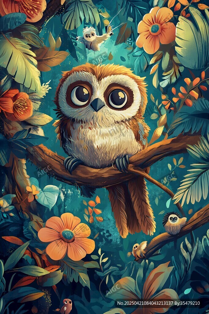 森林中的可愛貓頭鷹插畫
