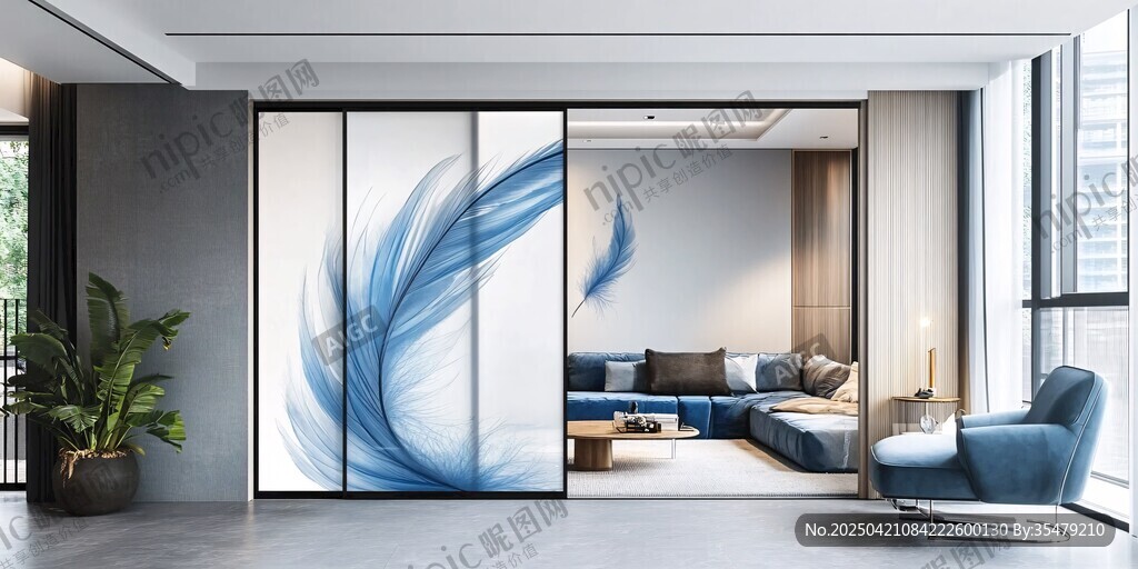 藍(lán)羽屏風(fēng)隔斷的雅致客廳