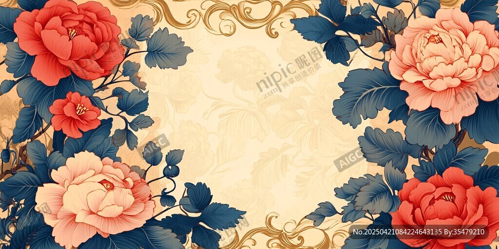 復(fù)古風(fēng)牡丹花卉裝飾圖案