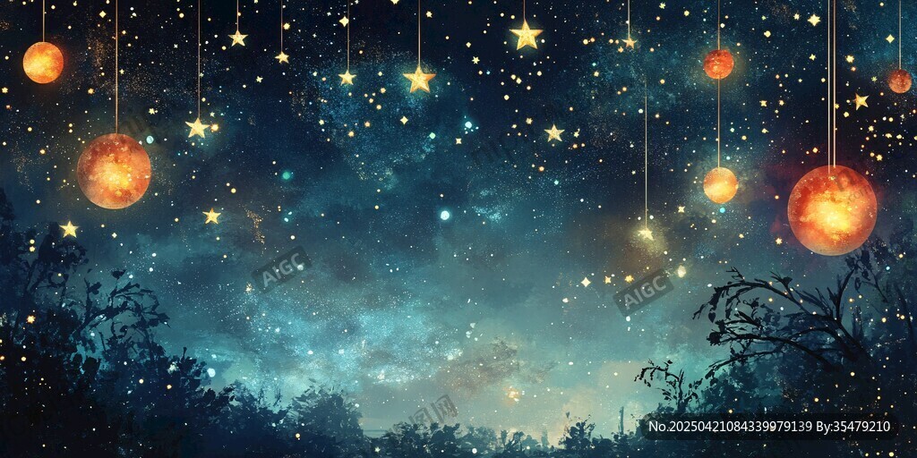 夢幻星空下的燈籠夜景