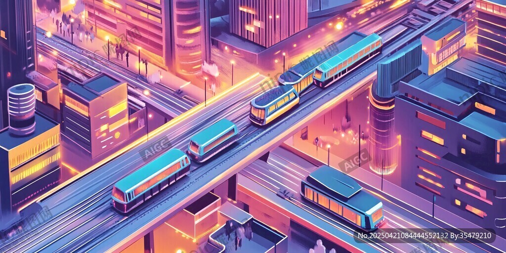 夢(mèng)幻都市夜景中的列車(chē)穿梭