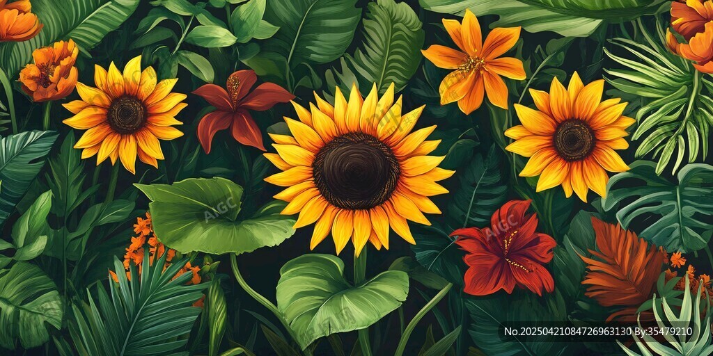 熱帶花卉與綠葉的夢幻組合