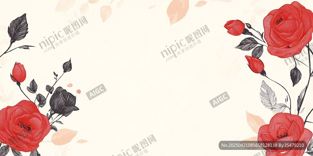 紅玫瑰花卉邊框插畫背景