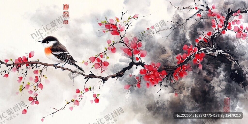 紅梅枝頭鳥棲圖