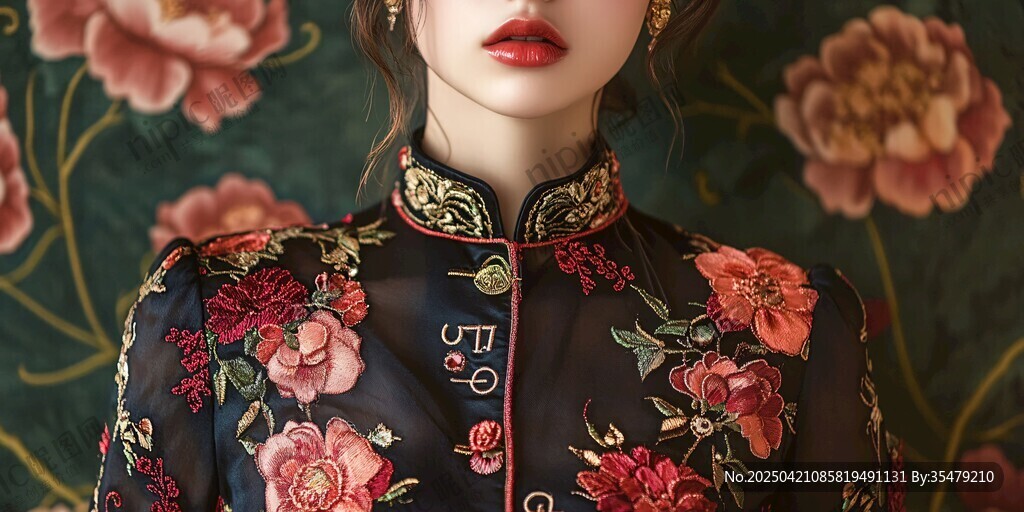 復(fù)古旗袍女子與繁花背景