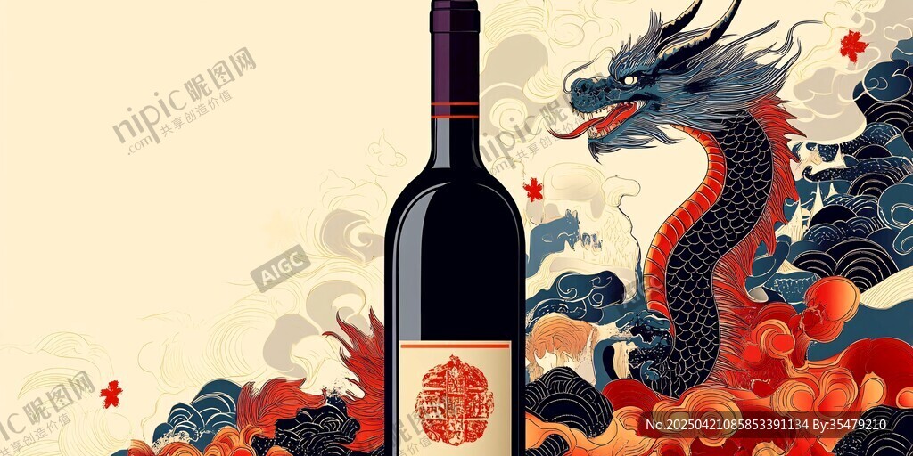中式龍紋旁的優(yōu)雅紅酒瓶
