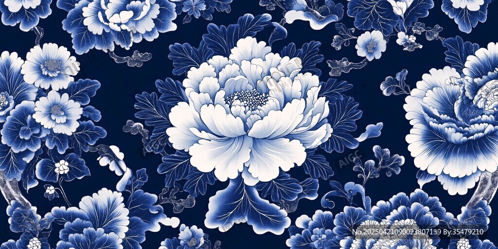 藍白牡丹花卉精美圖案